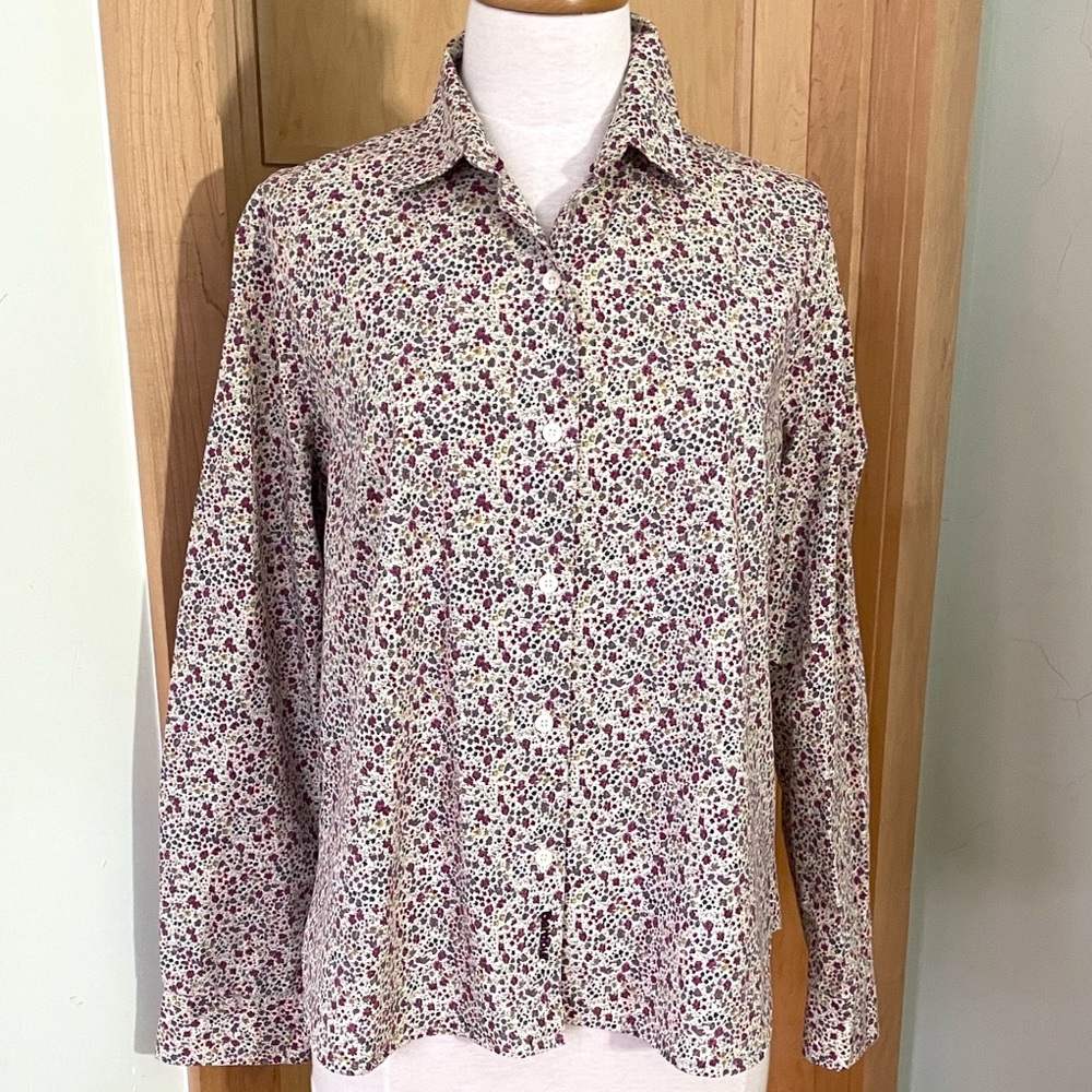 🇬🇧 BARBOUR Cream Cotton Poplin Shirt Purple Pink Green Floral Print, Size 14